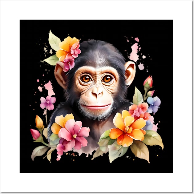 A baby chimpanzee decorated with beautiful watercolor flowers Wall Art by CreativeSparkzz